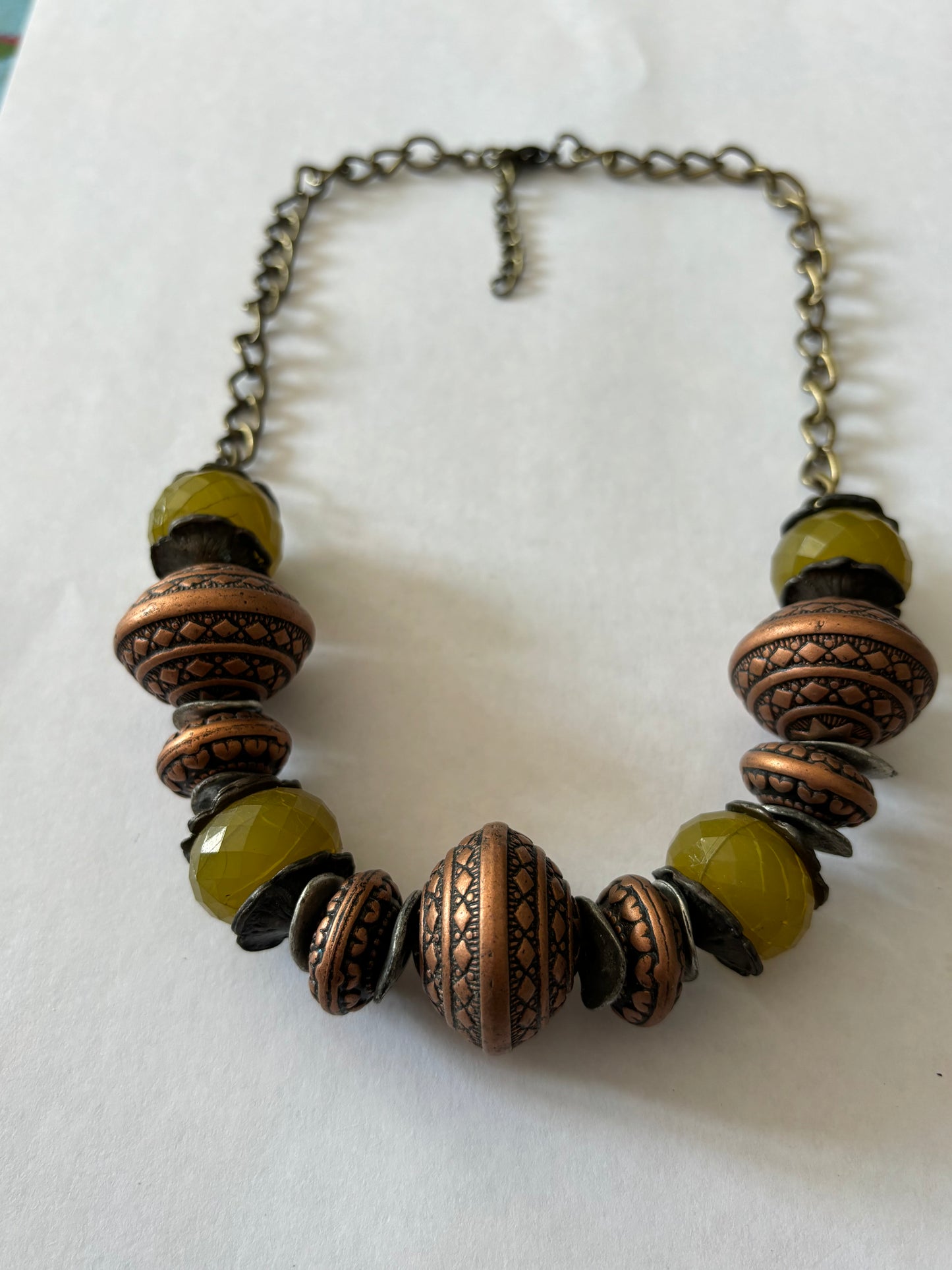 Brass Large necklace with copper and yellow decorative beads