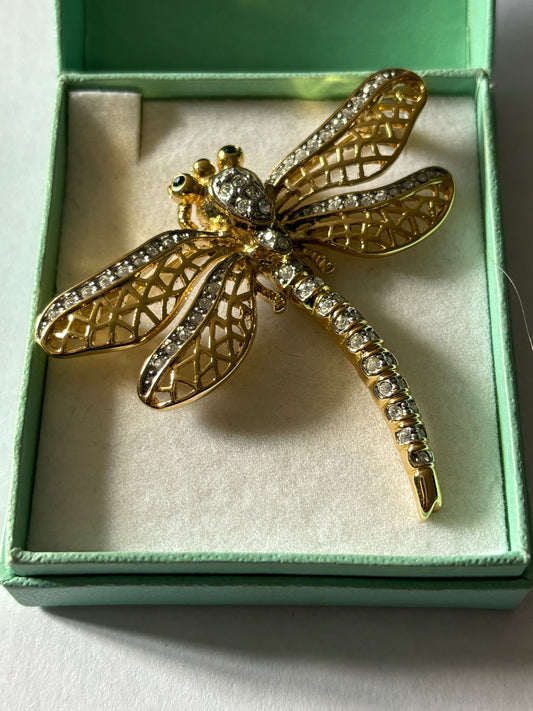 Gold and Diamante Large Dragonfly Brooch