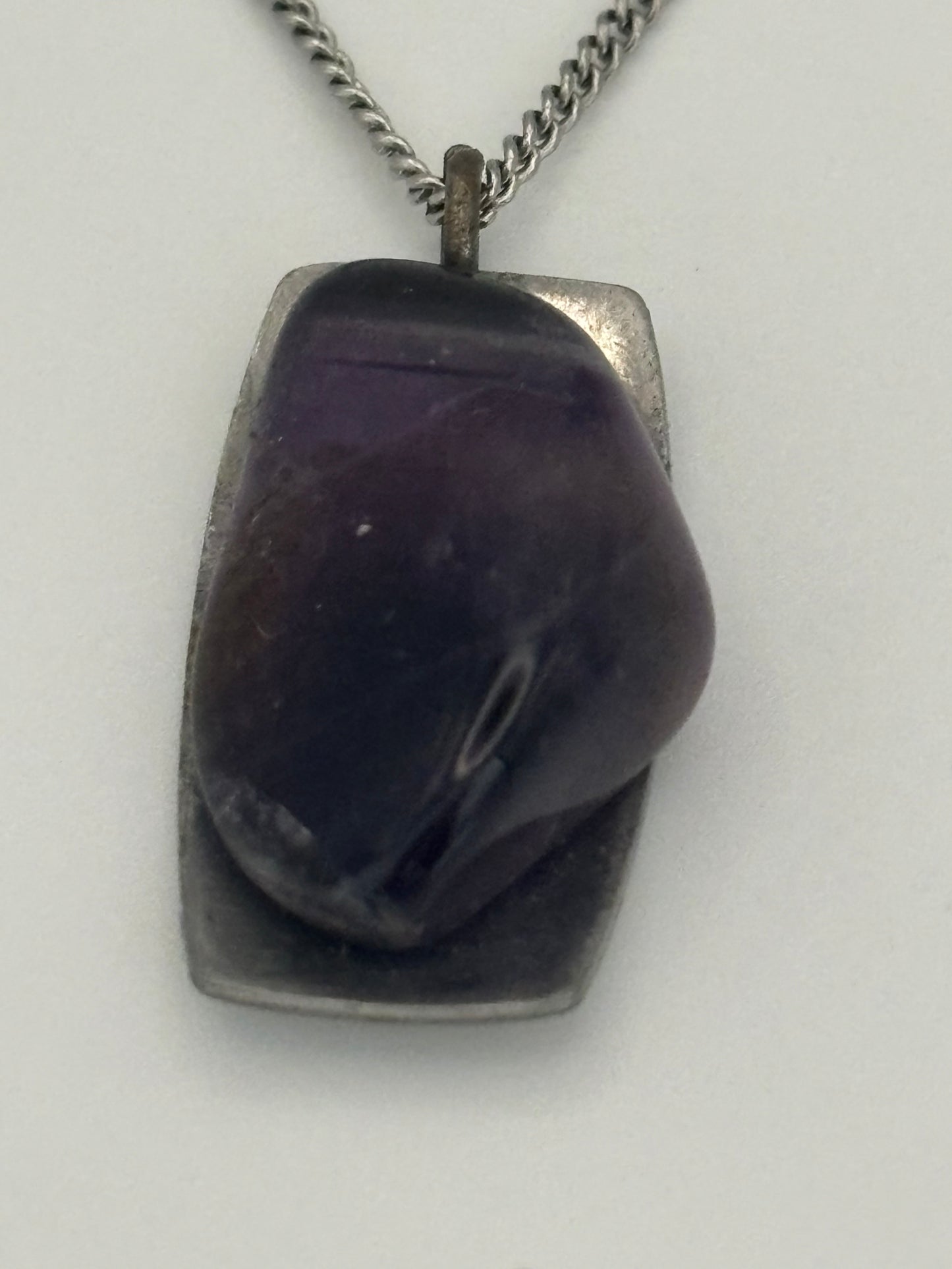 Purple Stone and silver panel chain necklace