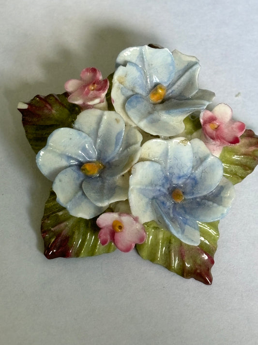 White Blue & Pink Ceramic Flower Brooch