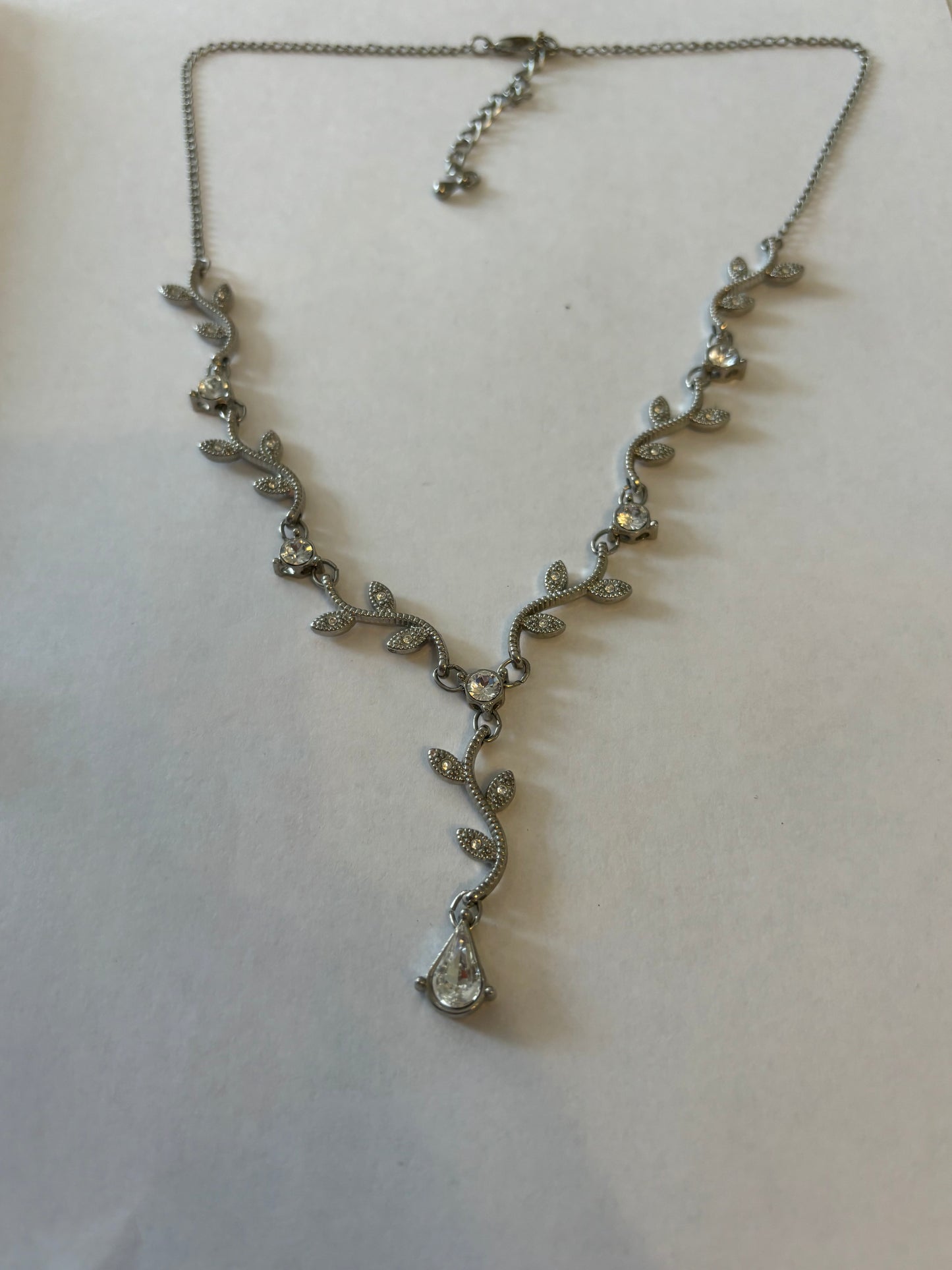 Silver Diamante Branch Drop Pendant Necklace