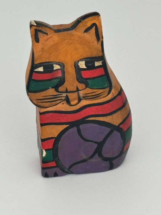 Colourful wooden hand painted cat ornament