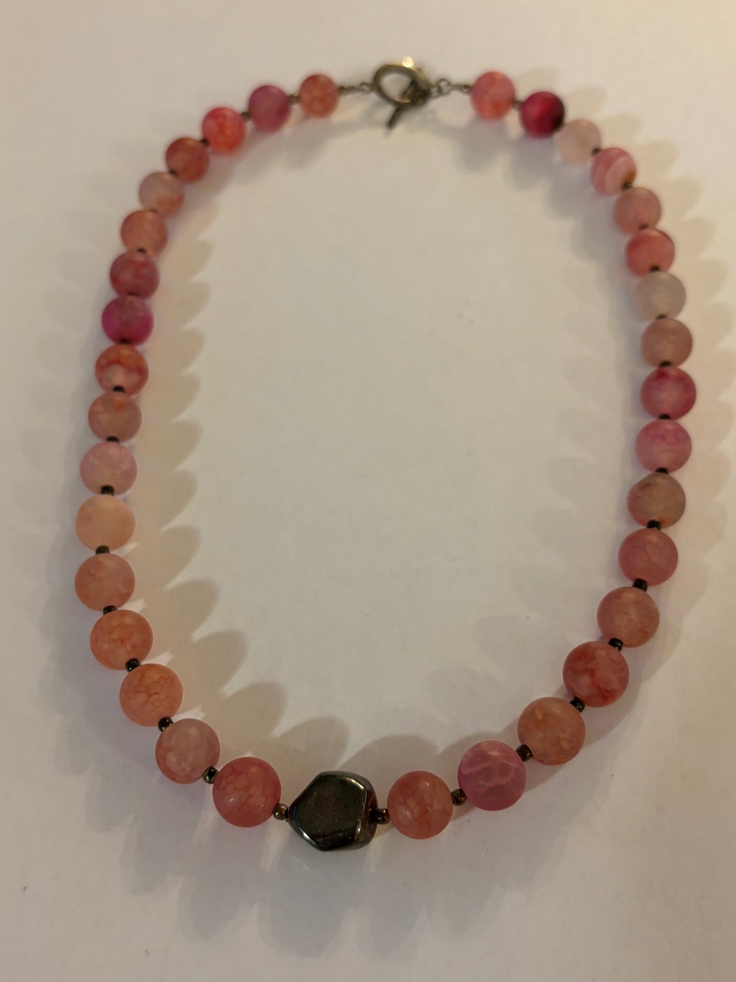 S925 T-Bar Necklace with mottled pink beads