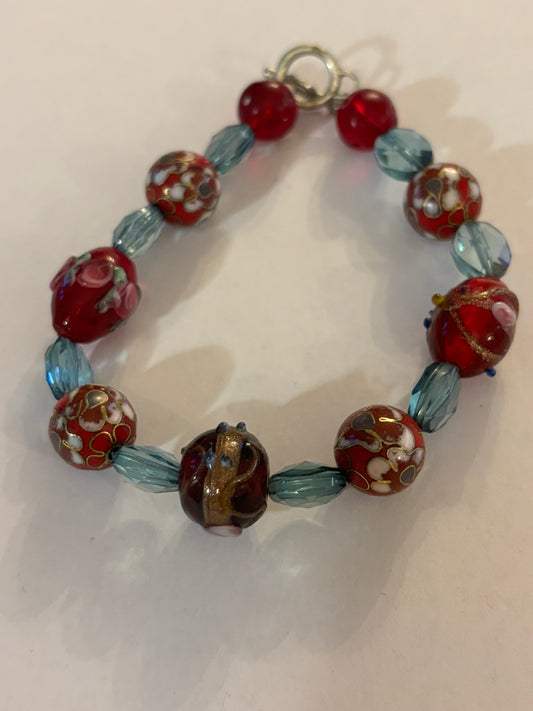 Decorative red and clear blue beaded T-Bar bracelet