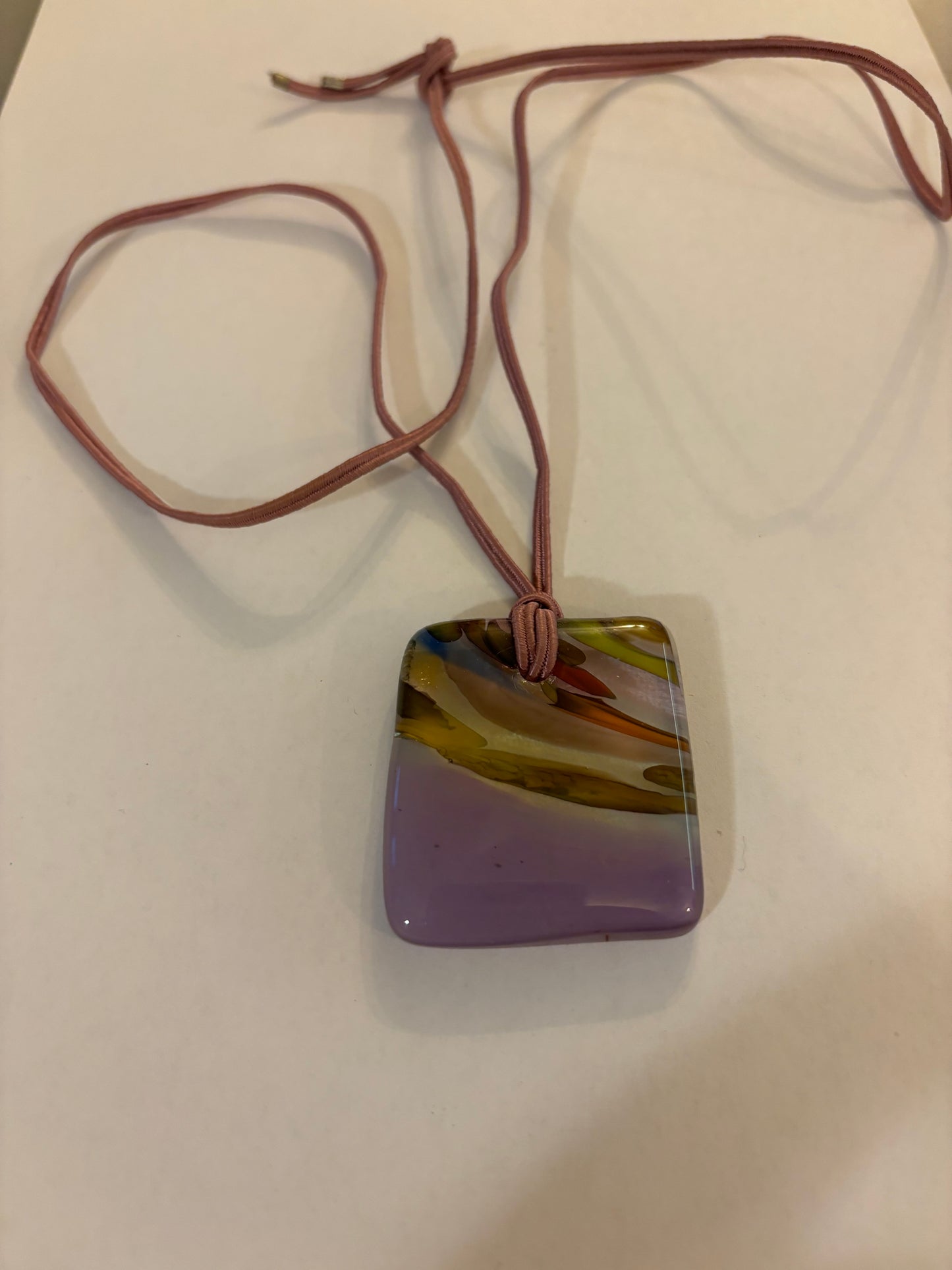 Double pink string necklace with square purple glass swirl pendant