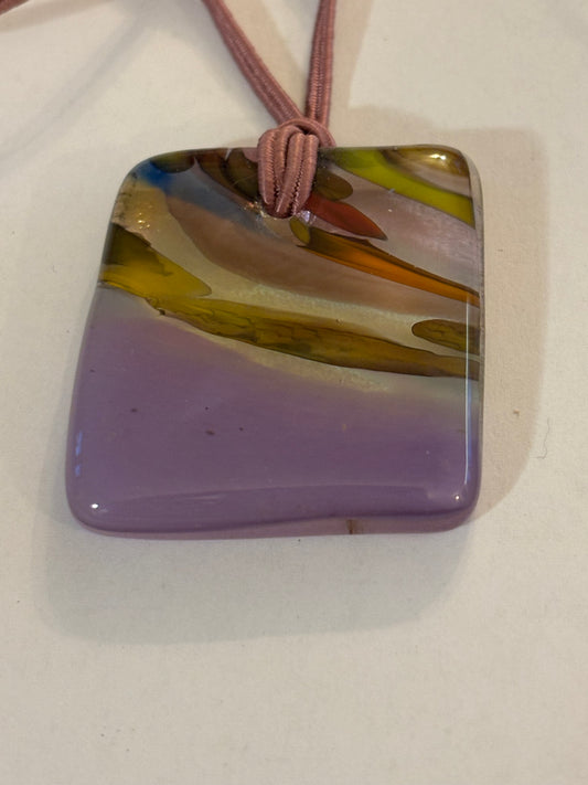 Double pink string necklace with square purple glass swirl pendant