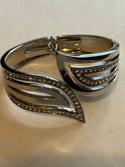 Silver Swoosh Bangle With Diamantes