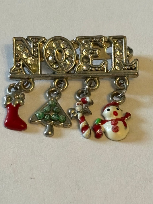 Silver Metal NOEL Brooch with Dangle Xmas Decorations