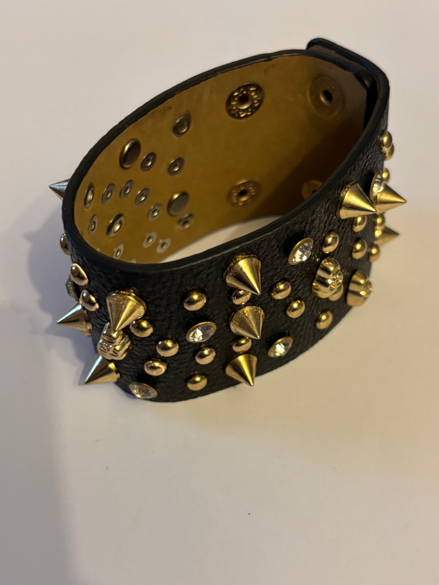 Large black leather and gold stud bracelet - Punk/Metal