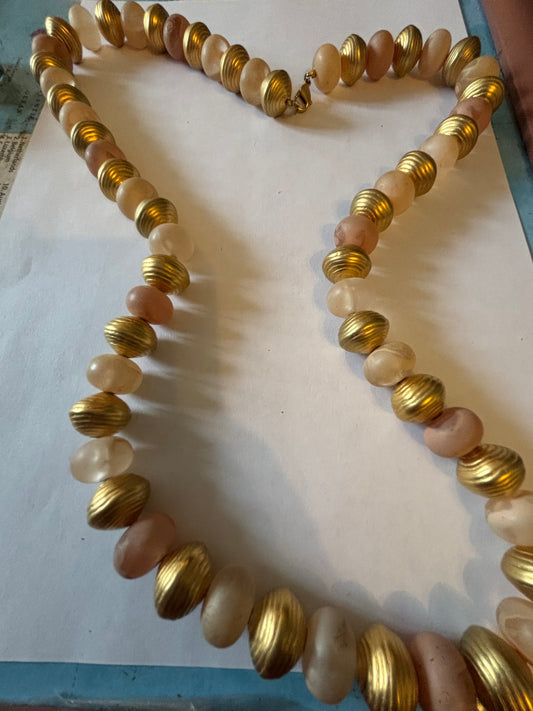 Large long gold and peach bead necklace