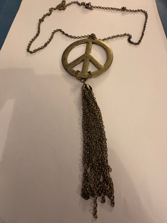 Long dark gold metal Peace symbol necklace