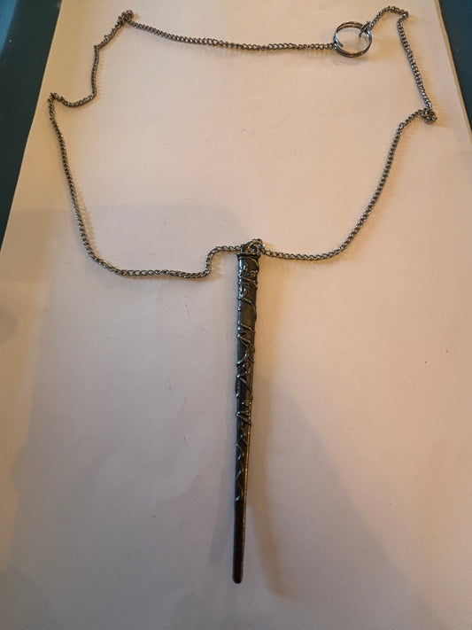 Long silver chain necklace with long sword sheath pendant