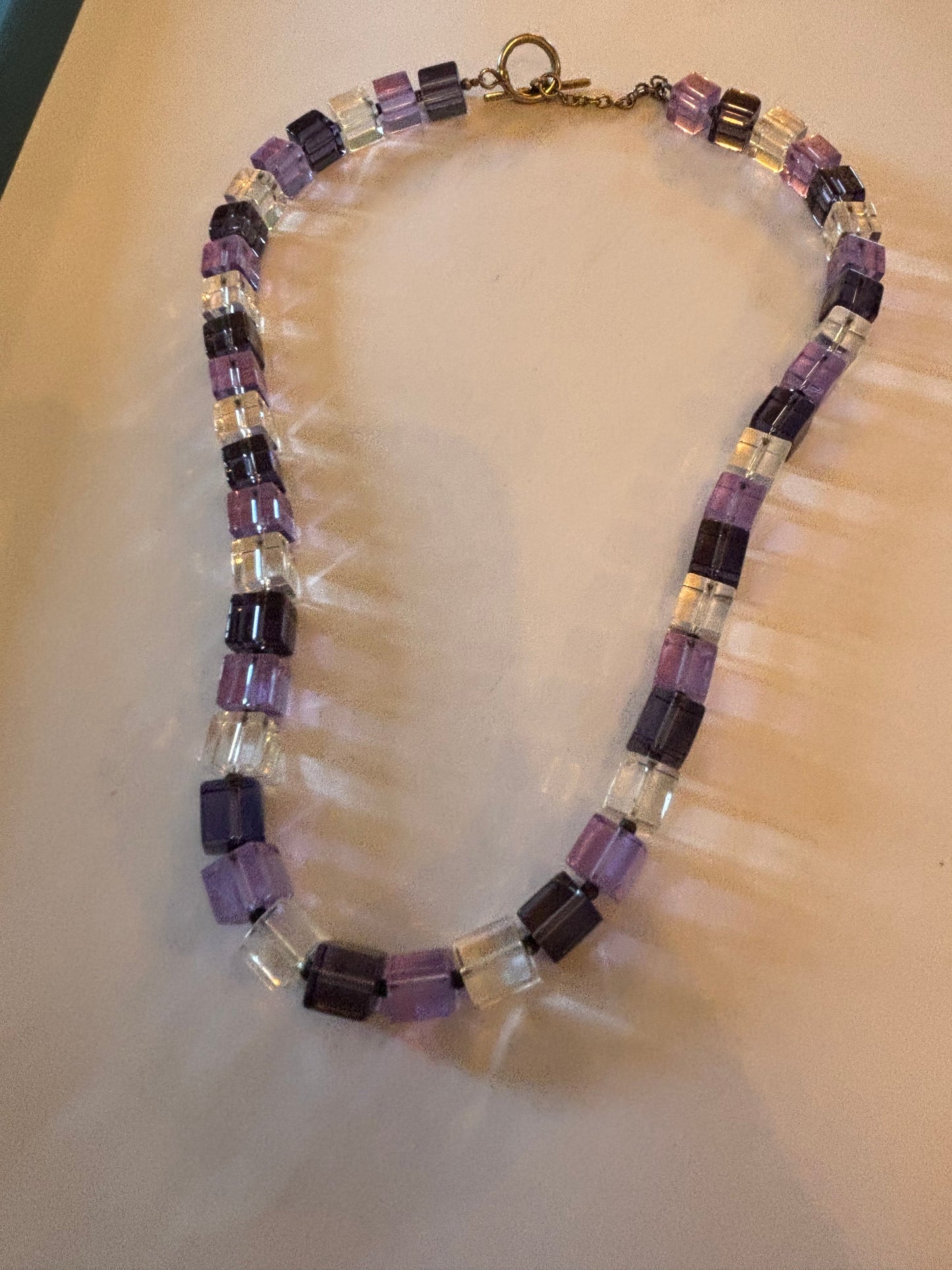 Clear and purple block necklace with t-bar