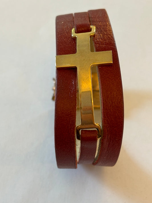 Red leather and gold cross bracelet - Milor Bronze