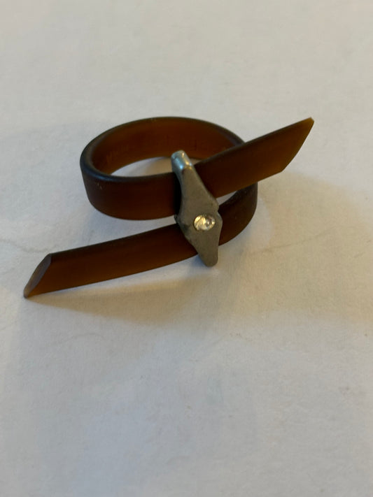 Brown rubber wrap ring, belt style with silver centre and white stone