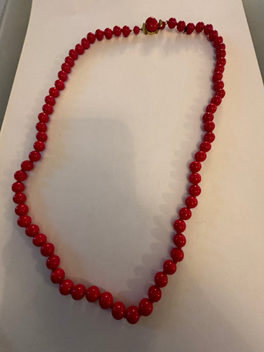 Bright Red Bead Necklace with Button Clasp