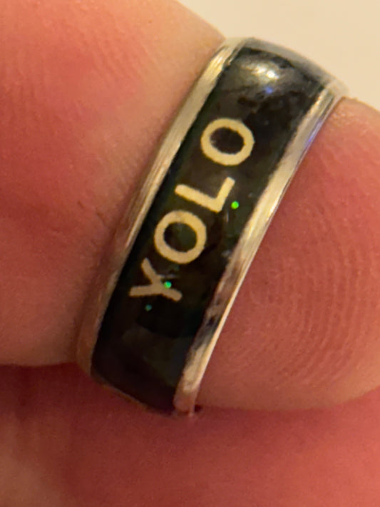 Silver and black band ring with YOLO message - Size K