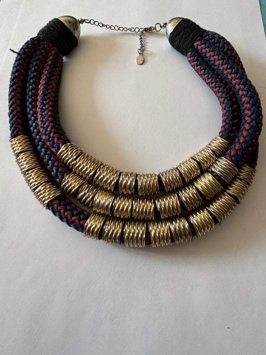 Triple thick burgundy and black necklace with gold textured rings