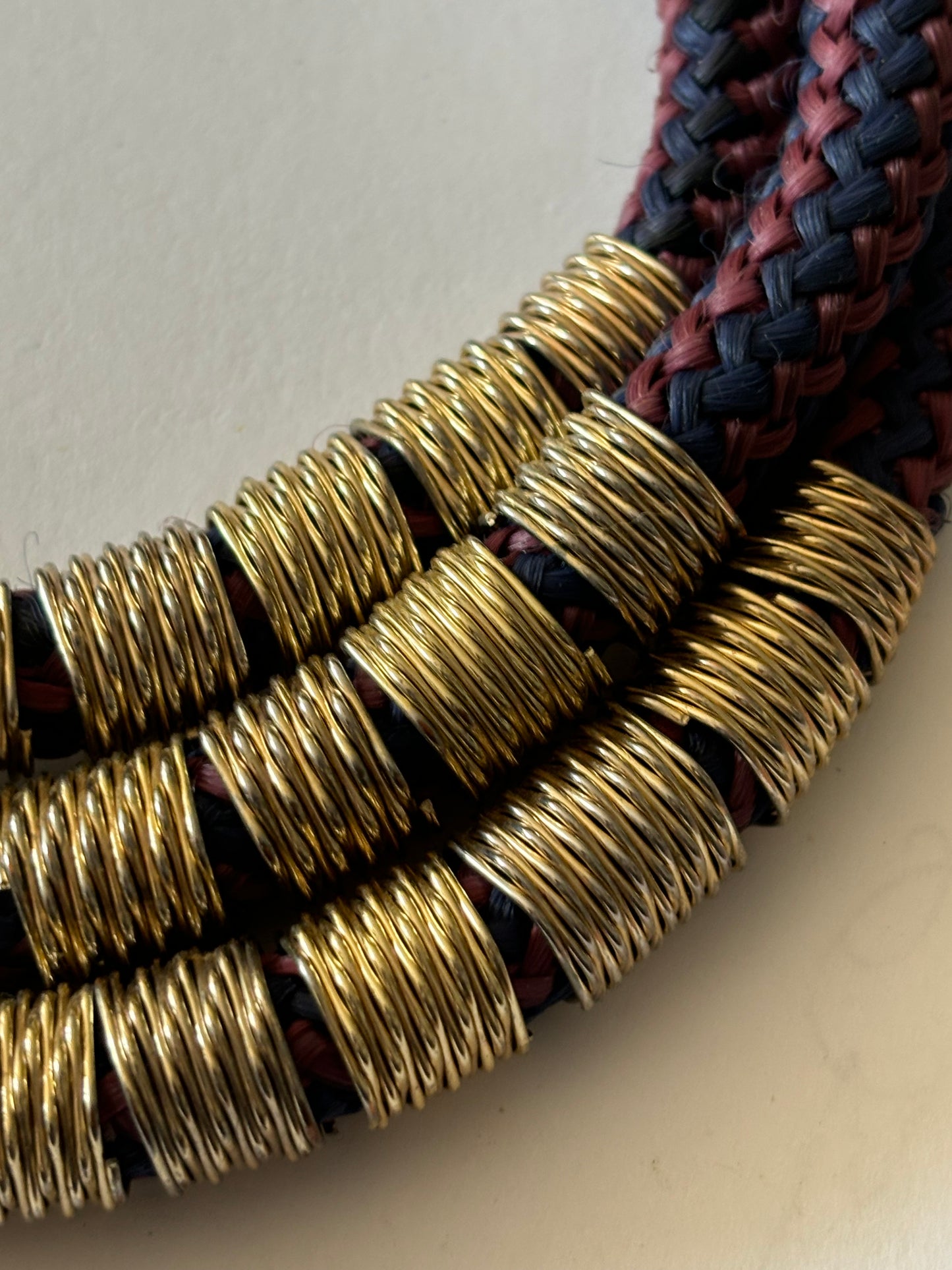 Triple thick burgundy and black necklace with gold textured rings