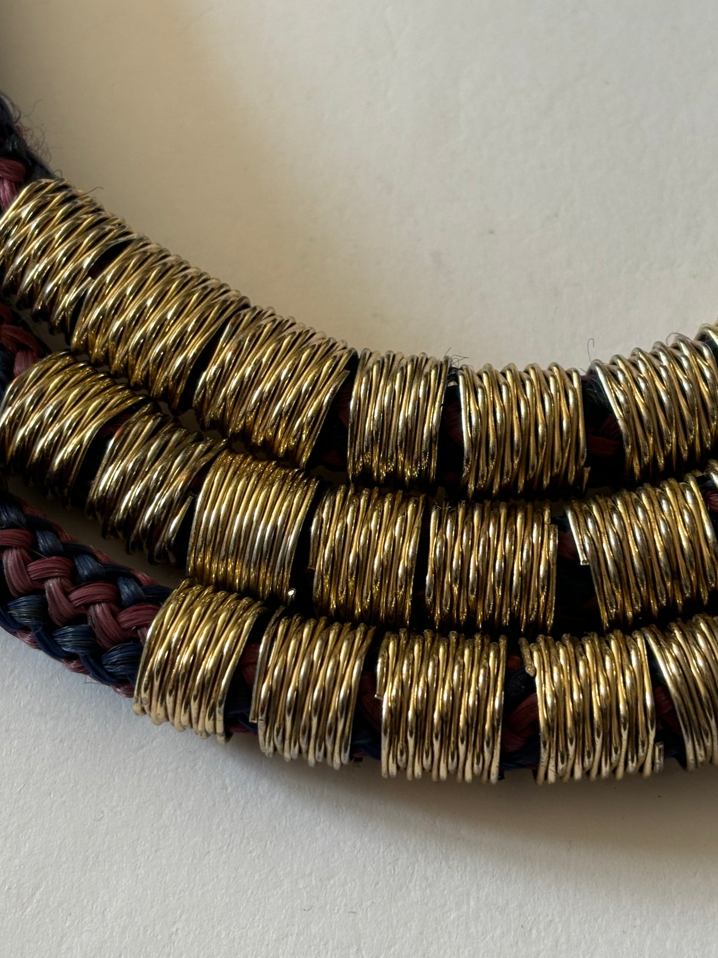 Triple thick burgundy and black necklace with gold textured rings