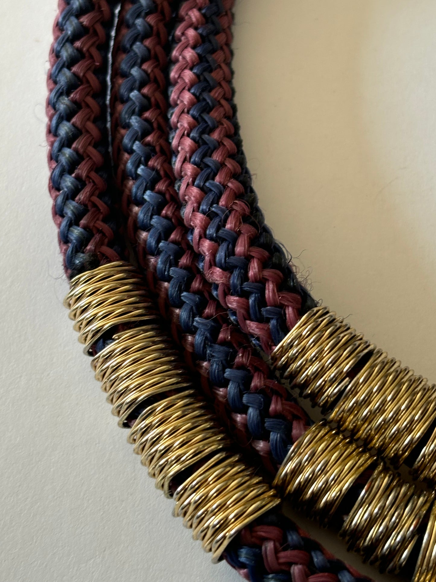 Triple thick burgundy and black necklace with gold textured rings