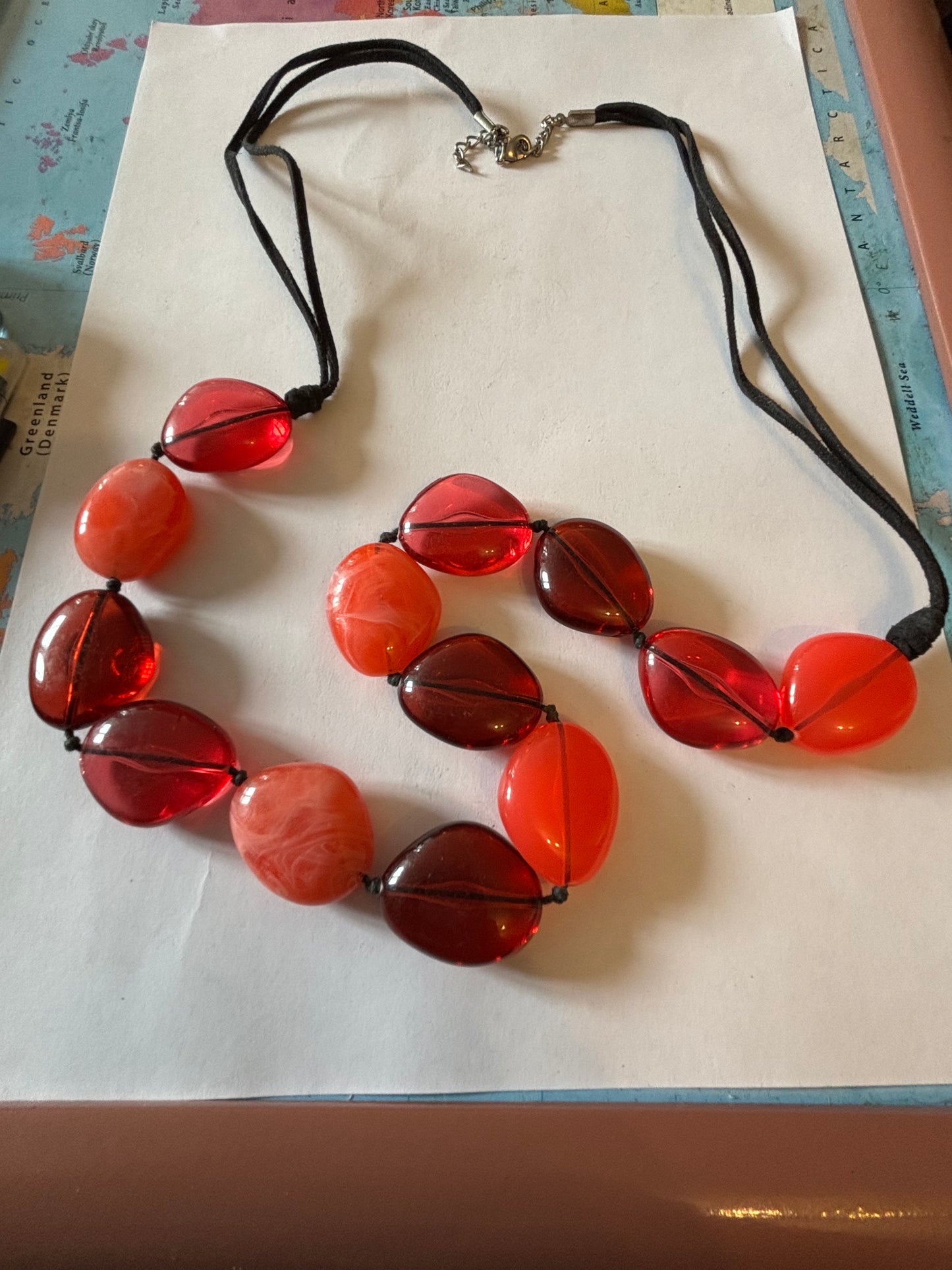 Red and Pink Swirl Beaded Necklace on Double Black String