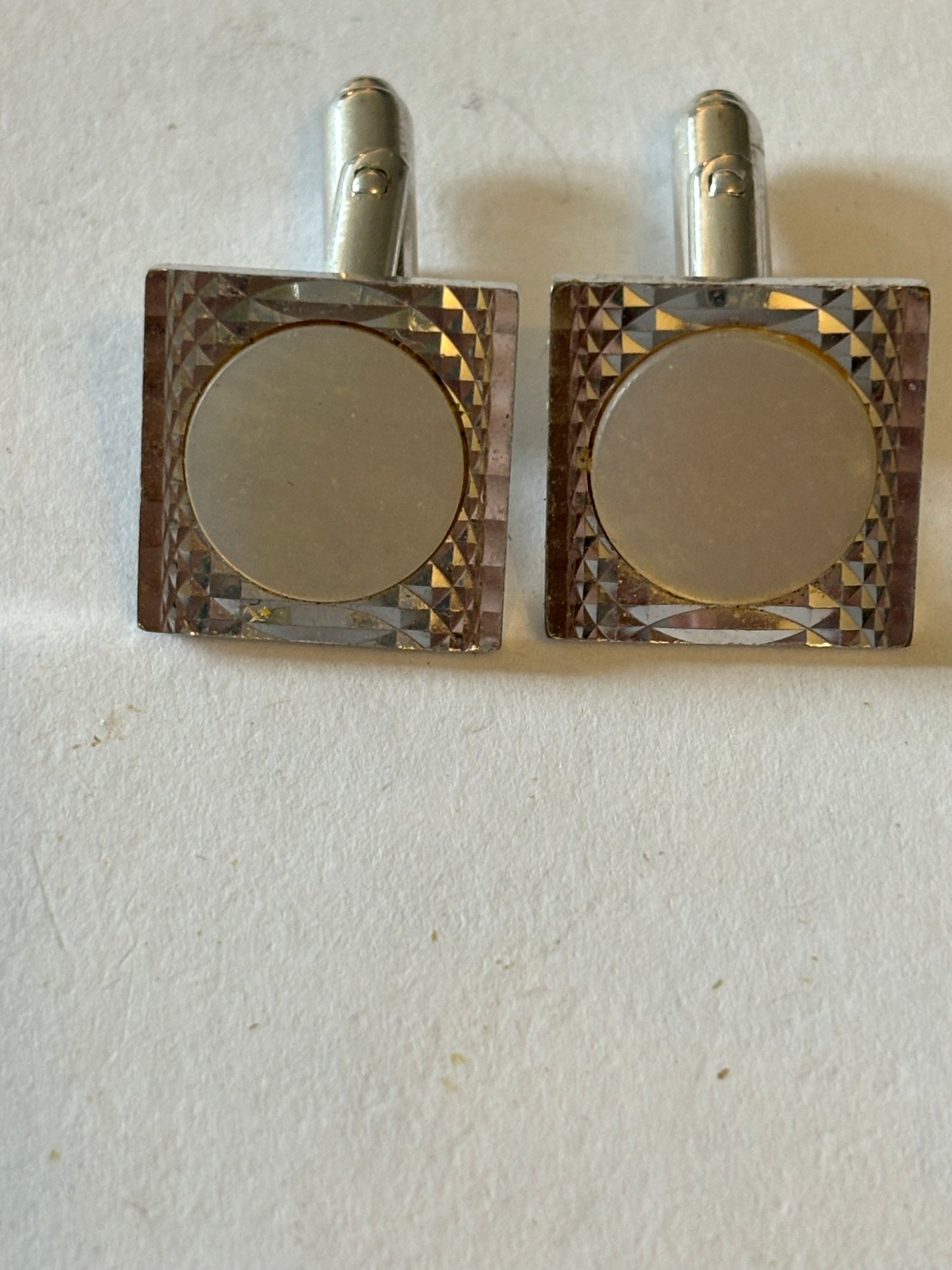 Square silver metal cufflinks with round MoP style centre