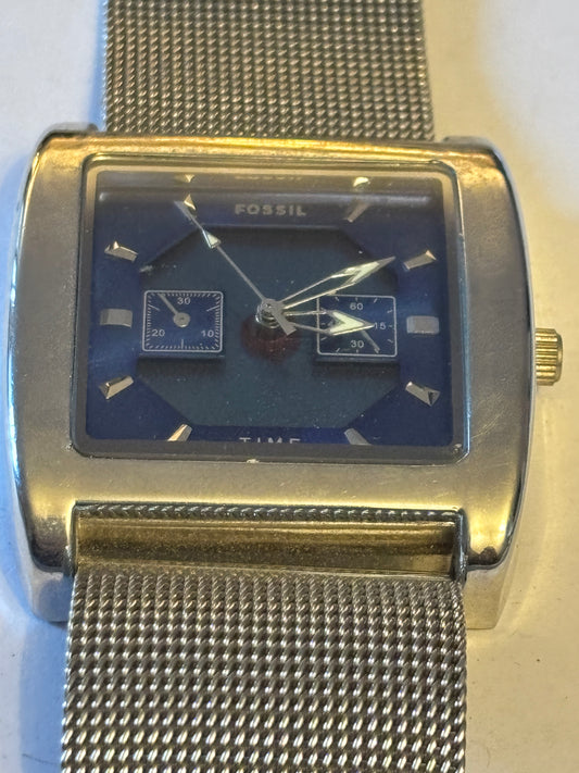 Fossil very large silver and blue square gents watch