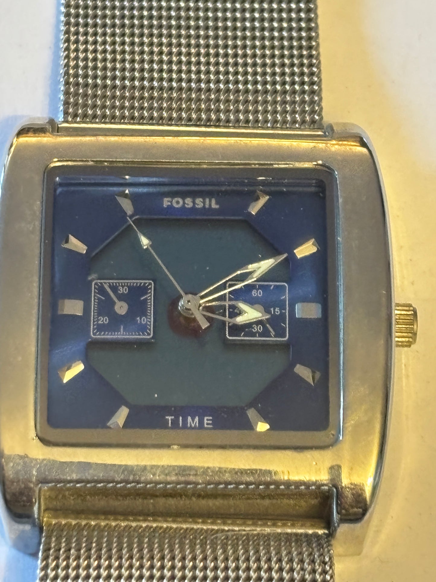 Fossil very large silver and blue square gents watch