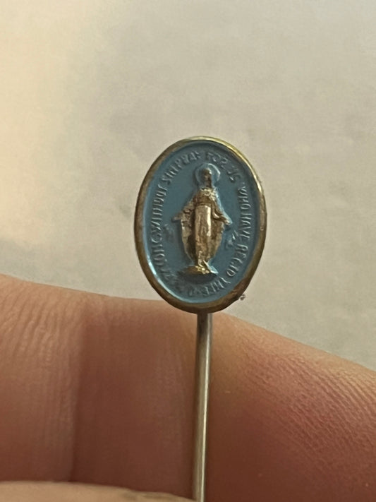 Small blue enamel religious stick pin