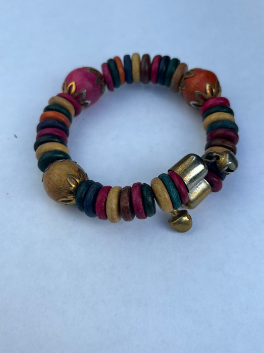 Coloured wooden disc wrap bracelet with jingle bells