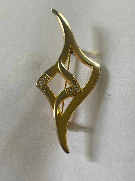 Curved Diamond Shaped Gold Metal Brooch with inlaid diamante