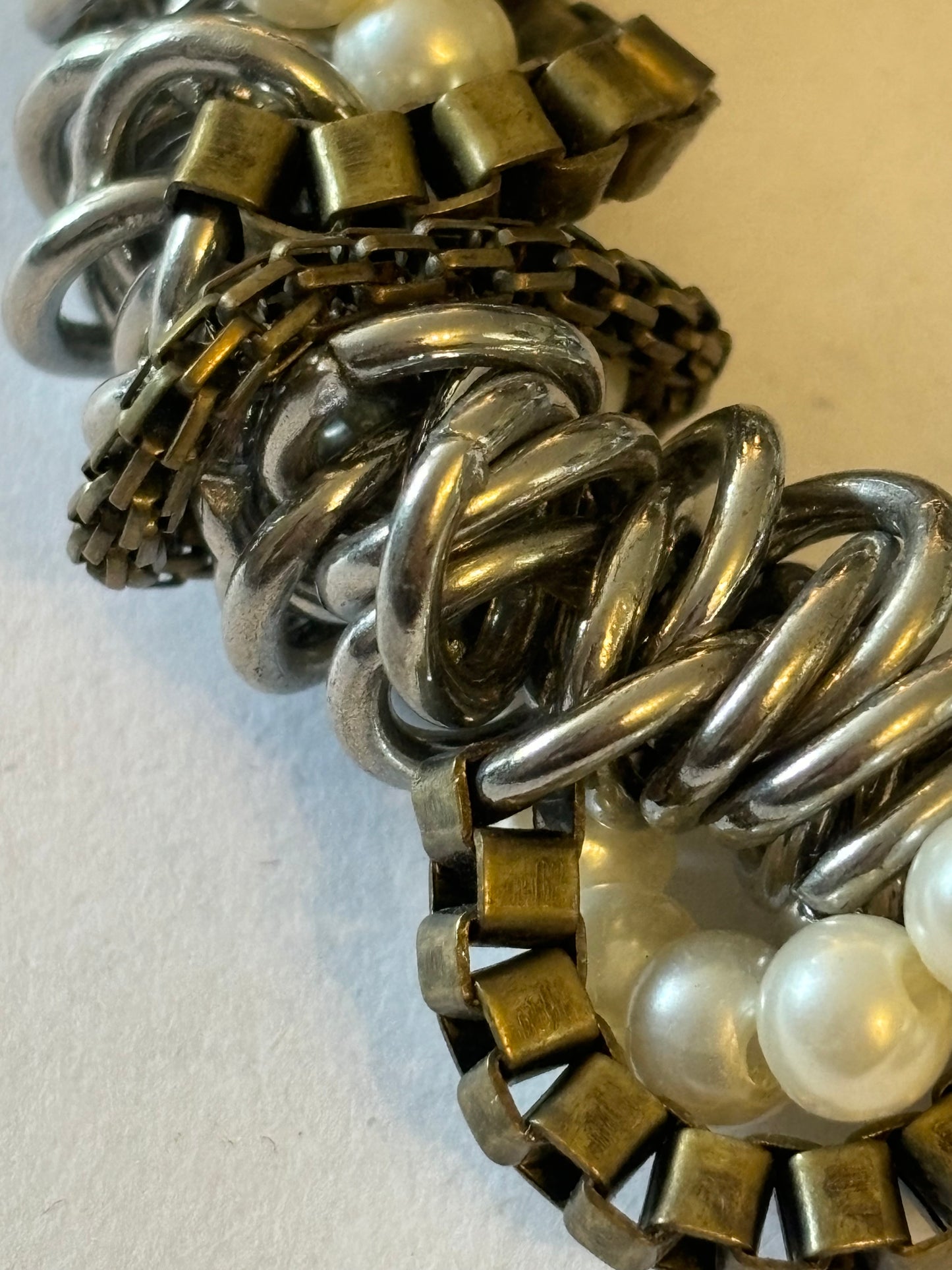 Silver rings, pearls and chain cluster bracelet