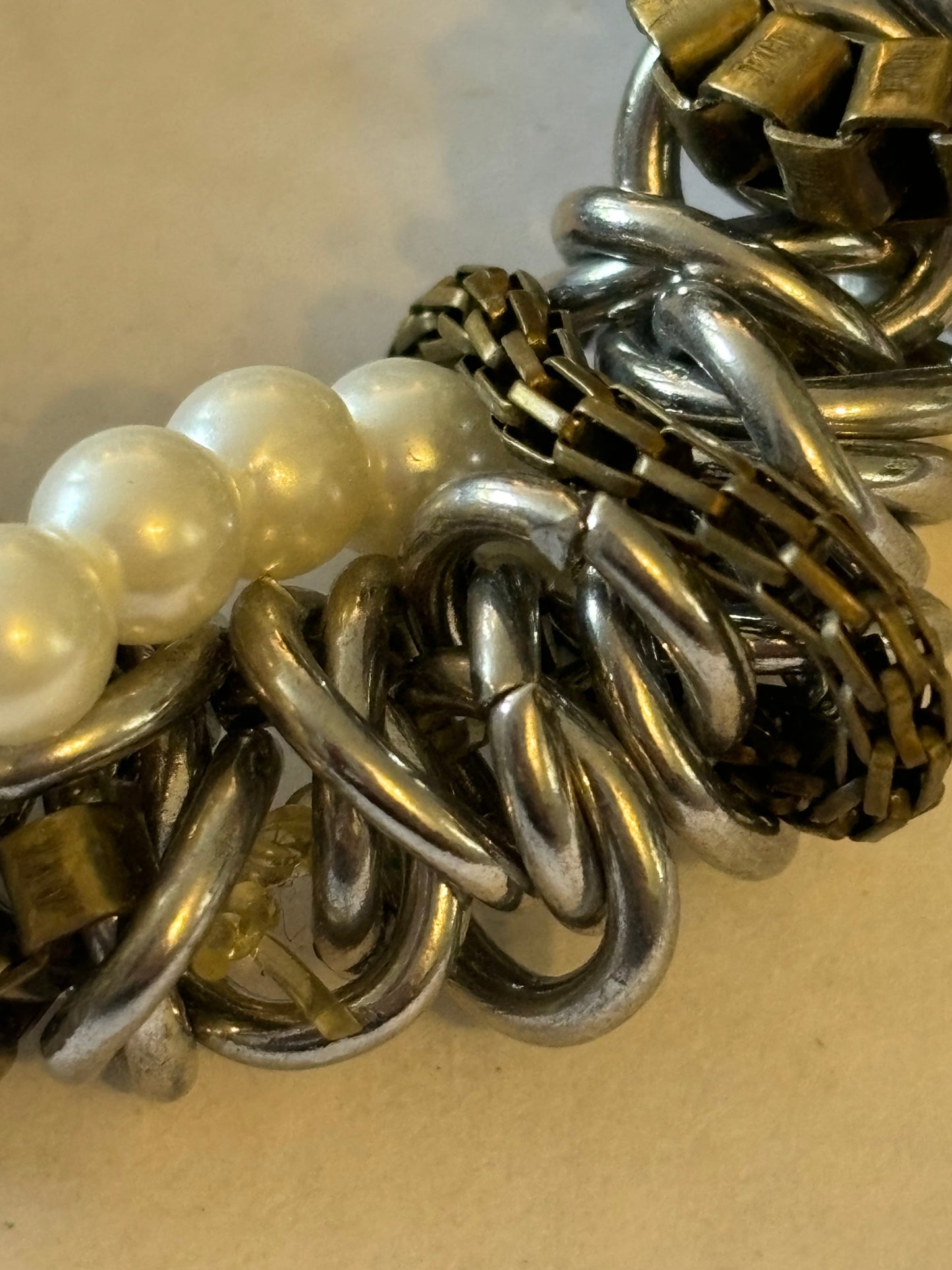 Silver rings, pearls and chain cluster bracelet