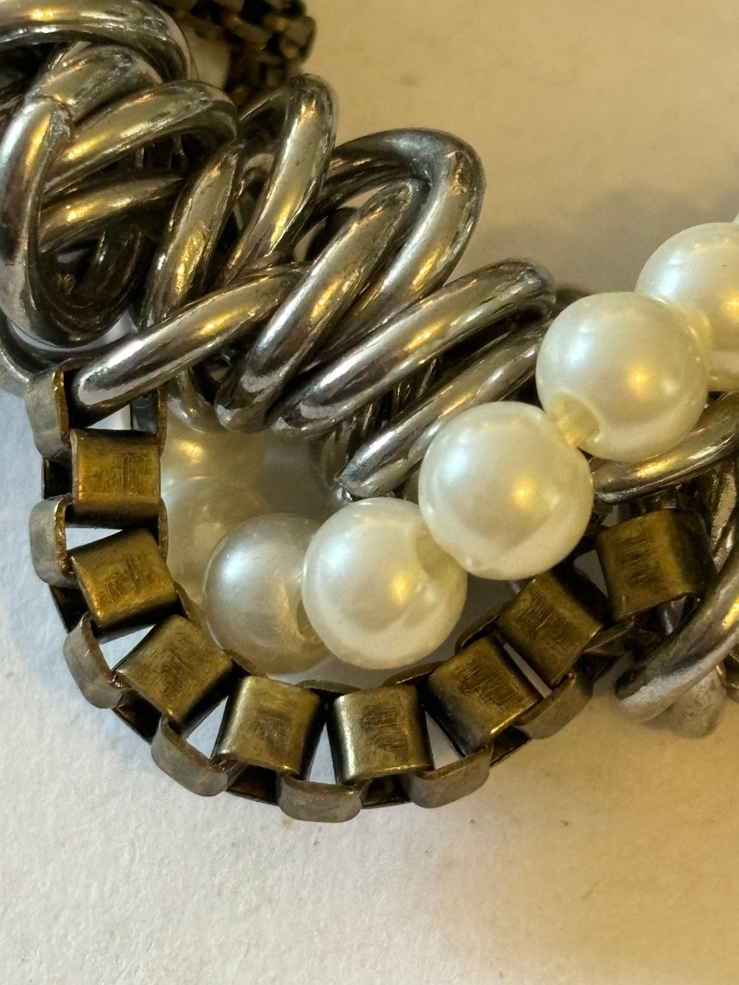 Silver rings, pearls and chain cluster bracelet