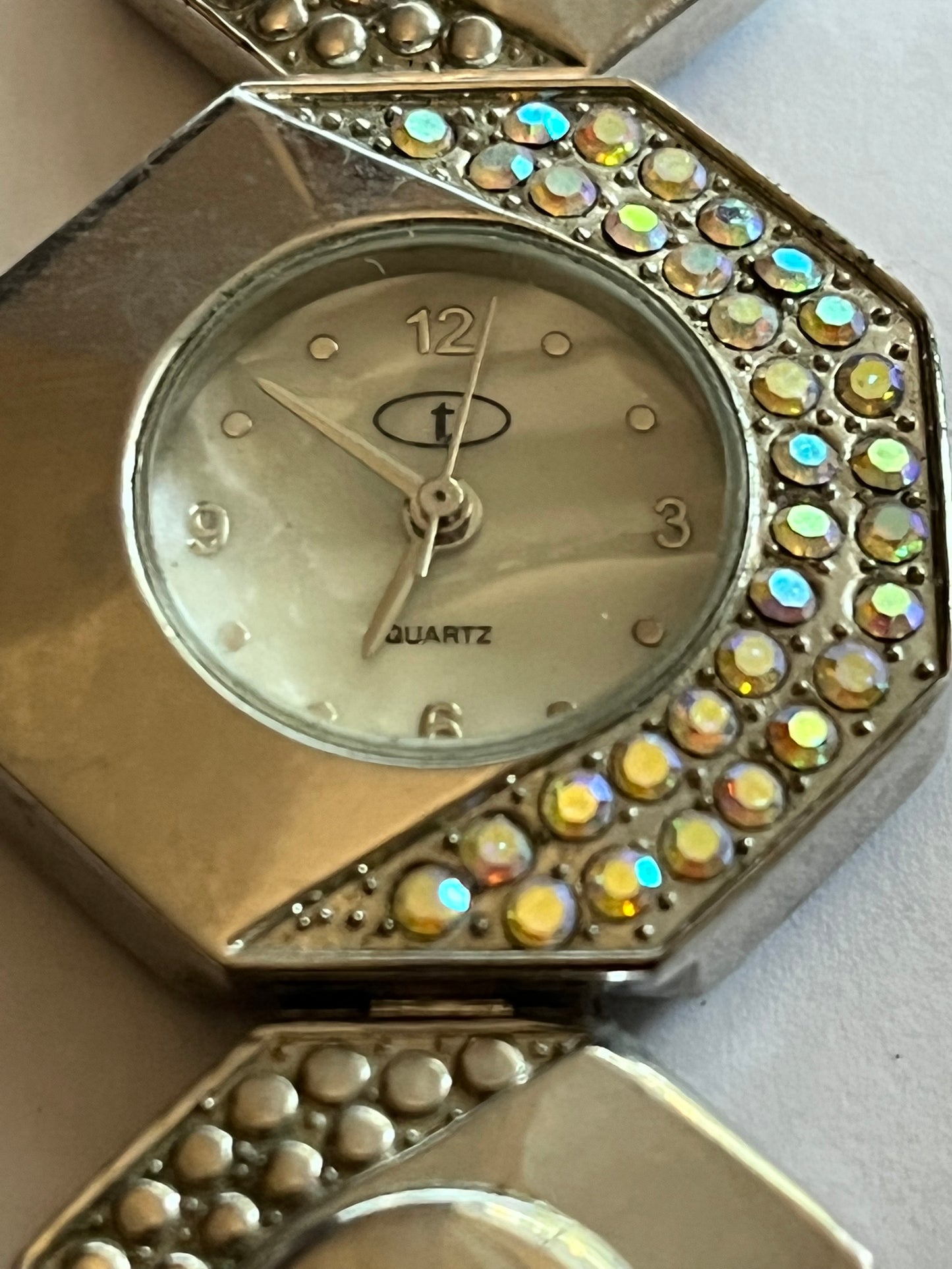 e-Tim large octagon silver jewelled ladies watch - Untested