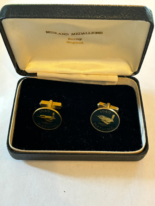 1949 Farthing - Gilt and coloured Cufflinks - Boxed