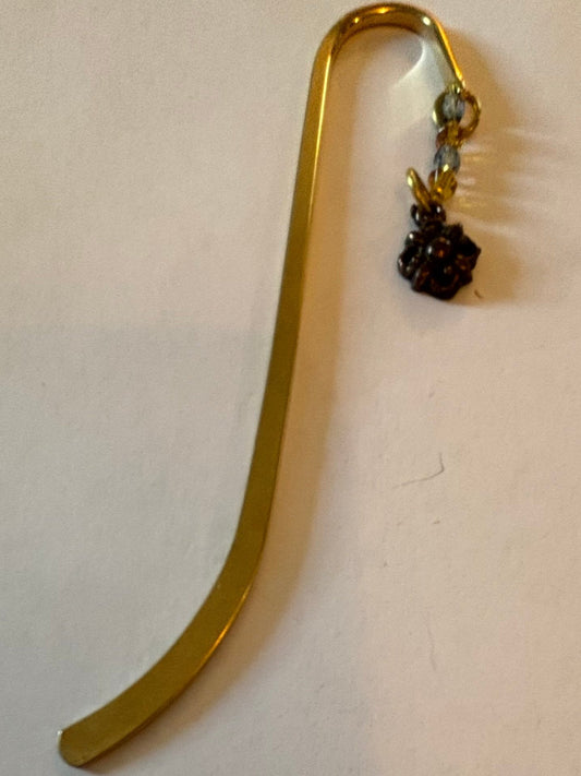 Gold crook shape bookmark with small beads and dangle flower